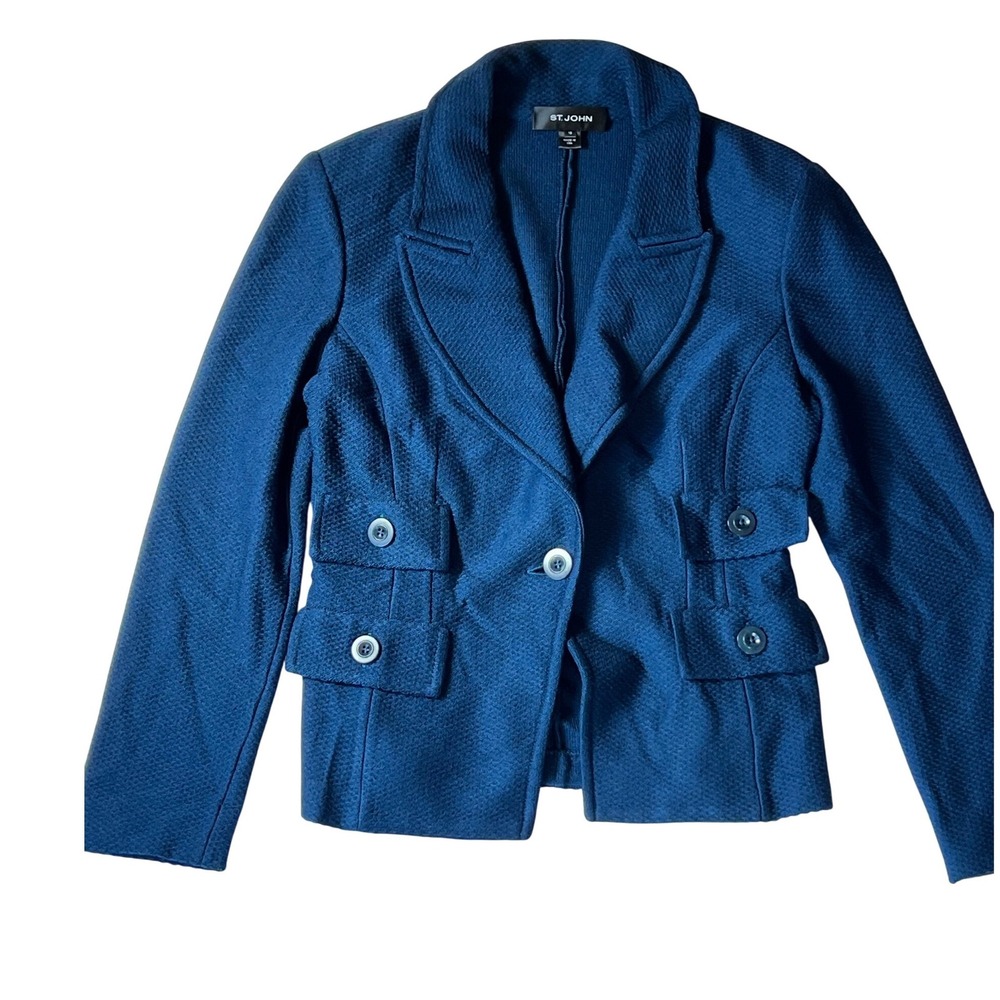 St John Knits Teal Blue Santana Knit Single Button Blazer Jacket Women's Size 10